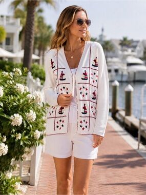 Vintage Bobbie C Nautical Sailboat Cardigan Sweater Patriotic Cotton Medium